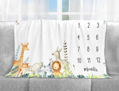 Popfavors, Yuzioey Safari Baby Monthly Milestone Blanket - Jungle Animals Growth Chart for Nursery Decor - White, 50Inx40In - Includes Marker...