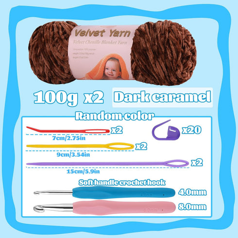 Chenille Yarn, 2 * 100g/7.05oz Baby Velvet Yarn, Blanket Yarn for Crochet Weaving Craft Yarn with 2 crochet hooks and Plastic Big Eye Needle (Cara...