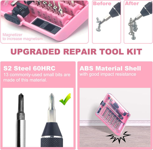VCELINK Pink Screwdriver Set, Upgraded Small Precision Screwdriver Kit 45 in 1 with Case, Magnetic Repair Tool Set Gift for Women Compatible with ...