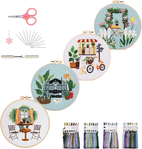 HILYPINK 4 Set Embroidery Kit for Beginners, Cross Stitch Kits for Adults with Garden Floral Plant Pattern Hand Crafts Include Embroidery Cloth Ho...