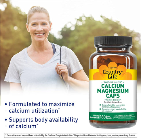 Country Life Target-Mins Calcium Magnesium Caps, 500mg: 250mg, 180 Vegan Capsules, Certified Gluten Free, Certified Vegan...