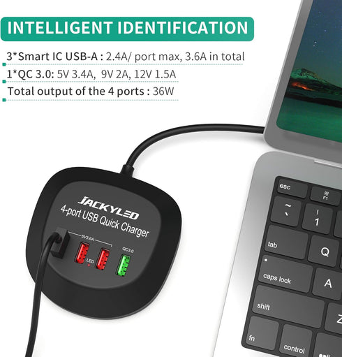 USB Charger Hub with Quick Charge 3.0 JACKYLED 4 USB Ports Portable Fast Charging Station for Multiple Devices Compatible with iPhone iPad Galaxy ...