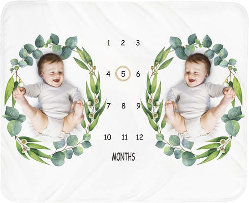 Baby Monthly Milestone Blanket Twins - Newborn Month Blanket Unisex Neutral Personalized Shower Gift Leaf Nursery Decor Photography Background Pro...