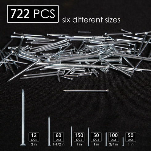 722pcs Hardware Nails, 6 Sizes Nails Assortment Kit, Nails for Hanging Pictures Picture Hanging Kit Nails for Wall Drywall Wood Up to 3"-Long Galv...