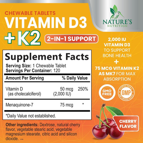 Vitamin D3 K2 as MK-7 with 2000iu of D3 & 75mcg K2, Vitamin K2 D3 Bone Strength Supplements Support Calcium Absorbtion for Teeth & Bone Health + M...