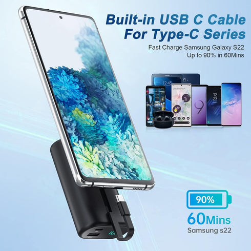 Small Portable Charger 10800mAh with Built-in USB-C Cable, Mini PD 3A Fast Phone Charging Power Bank,LCD Display Android Charger Battery Pack Comp...