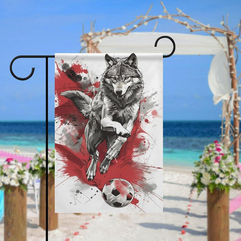 Wolf Playing Soccer Garden Flag Silver And Black House Yard Flag Seasonal Holiday Outside Holiday Decoration Home Decor Double Sided Flag 12x18inc...