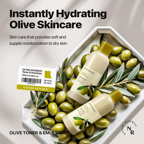 Nature Republic Toner Emulsion Set with Olive Leaf Extracts - Home Skin Care Moisturizer Set with Real Egyptian Olive 10,000ppm, Shea Butter, Vita...