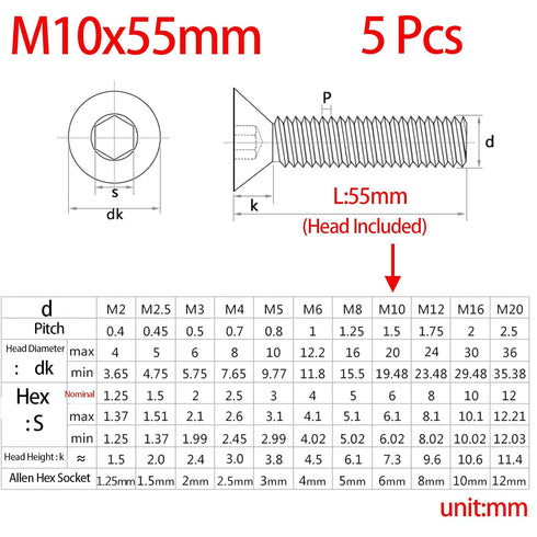 M10-1.5 x 55mm Flat Head Socket Cap Screws Bolts, Stainless Steel 18-8 (304), Bright Finish, Allen Socket Drive,Machine Screws Inner Hex Screw Fas...