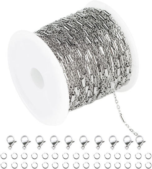 UMAOKANG 33 Feet 316 Stainless Steel Chain for Jewelry Making, Silver Tube Bar Curb Link Chain Bulk with Jump Rings Lobster Clasps for Necklace Br...