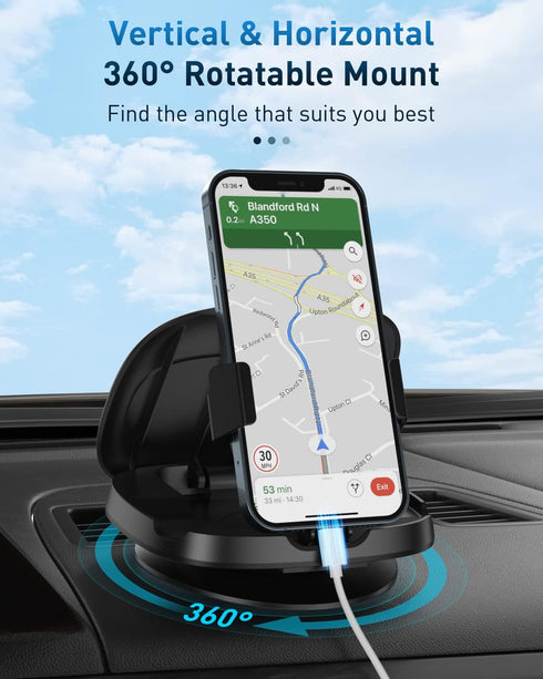 Phone Mount for Car, 360° Rotatable Dashboard Horizontal & Vertical Viewing Cell Phone Holder, Washable Reusable Car Phone Mount, for iPhone Samsu...