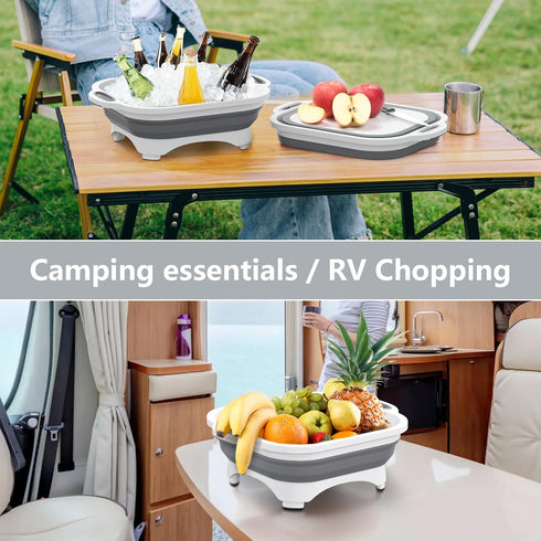 Collapsible Cutting Board,HI NINGER Camping cutting board with knife,Multifunctional Kitchen Vegetable Washing Basket Silicone Dish Tub for Campin...