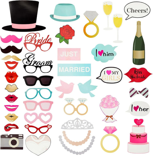 72 Pieces Wedding Photo Booth Props for Bridal Shower, Bachelorette Party, Photobooth Selfies, with Sticks and Stickers...
