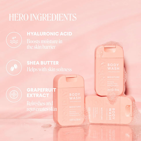MONDAY Body Wash Moisture Travel Pack -50ML (4 Pack) - Nourishing Ingredients, Shea Butter, Coconut Oil and Grapefruit Extract, Hyrdrate and Reple...