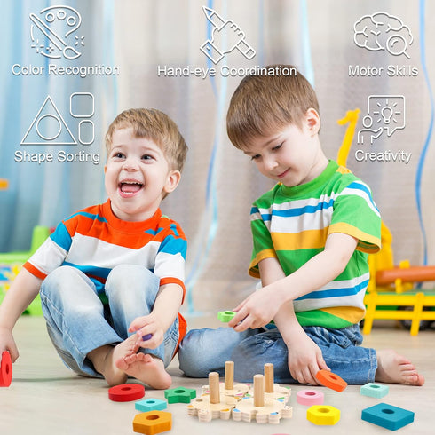 WOOD CITY Stacking Toys for Toddlers 1-3, Montessori Shape Sorter Baby Toys 12-18 Months, Wooden Block Educational Puzzle Toys for Boys Girls 1 2 ...