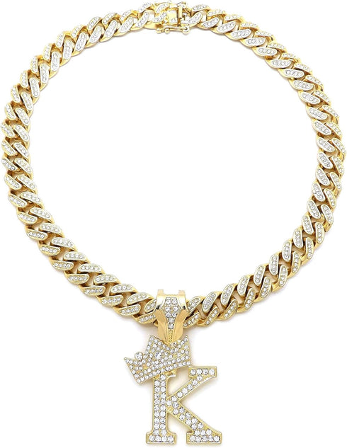 Hip Hop Alphabet Initial K Pendant & 12mm 18" Full Iced Box Lock Cuban Chain Necklace...