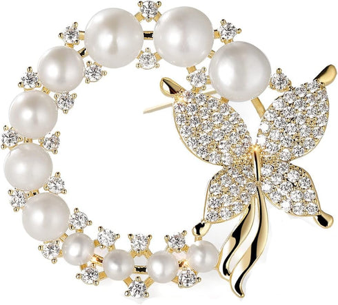 Wreath Brooch Natural Pearl Butterfly Scarf Buckle Pin Empty Holder Accessories Wedding Corsage, White Pearl (X2263-1-230)...