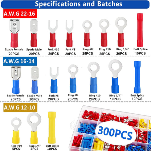 Tnisesm 301Pcs Insulated Wire Electrical Connectors Assortment Kit with Ring, Spade, Butt, Quick Disconnect, Crimp Automotive Cable Terminals...