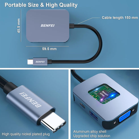 BENFEI USB C HUB 4in1, USB Type-C to HDMI VGA Adapter, USB C to USB Adapter, USB Type-C Power Delivery, Compatible with iPhone 15 Pro/Max, MacBook...