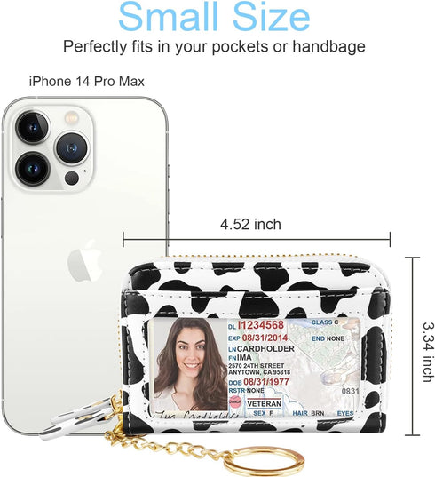 Credit Card Holder Small Double Zipper Card Wallet for Women with Keychain, Cow...