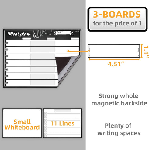 JJPRO Magnetic Dry Erase Meal Planning Whiteboard for Refrigerator-One 14.5x11" Weekly Menu Board and Two Notes Whiteboard for Kitchen Fridge-Refr...