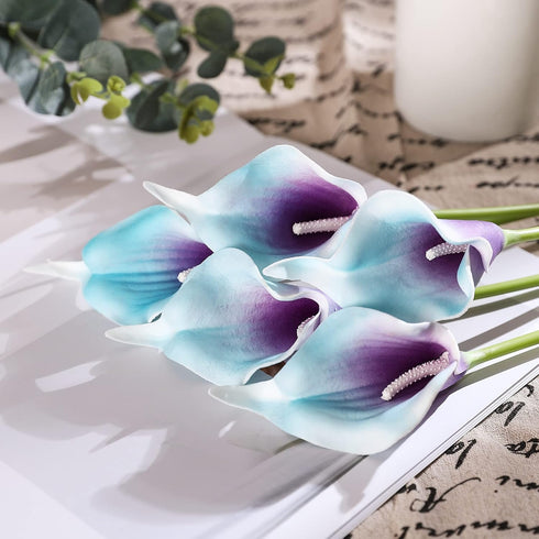 Duovlo 20pcs Calla Lily Bridal Wedding Bouquet Lataex Real Touch Artificial Flower Home Party Decor (Purple in Blue)...