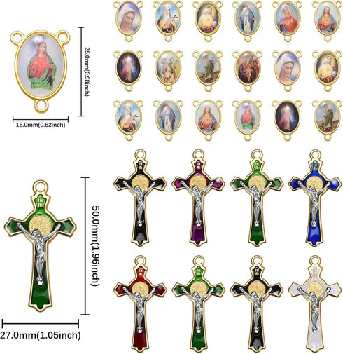 24Pcs/12Set Saint Benedict Rosary Cross and Centre Medal Charms Alloy Religion Enamel Virgin Mary Charm Pendant For Diy Jewelry Making Kit Supplie...