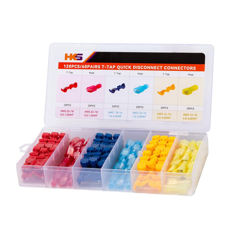HKS 240PCS/120 Pairs T-TAP Wire Connector - Quick Splice Disconnect - Electrical Self-Stripping Terminals Kit Automotive Crimp Insulated...