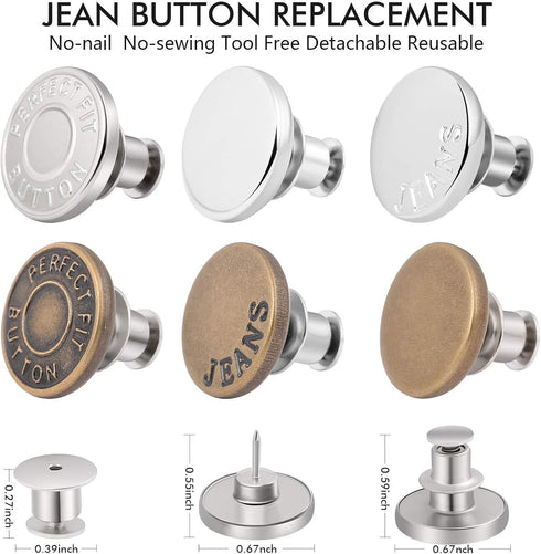 12 Sets Button Pins for Loose Jeans, No Sew and No Tools Instant Replacement Snap Tack Pant Button, Ceryvop Reusable and Adjustable Metal Pants Bu...
