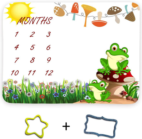 Frog Baby Monthly Milestone Blanket, 48x40in Cartoon Animal Plants Sun Mushroom Green Grass Blanket Soft Flannel for Unisex Newborn Baby Shower, B...