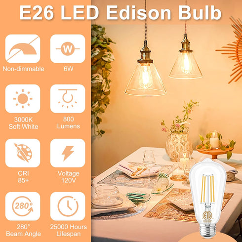 GOLSPARK Edison Bulbs 60 Watt Equivalent, E26 LED Bulb Soft White 3000K, 800LM, 6W 120V CRI85, E26 Base, ST58 Clear Vintage Light Bulbs for Living...