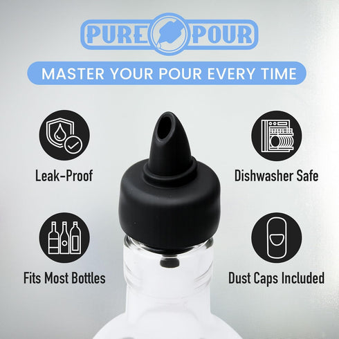 The Pure Pour Liquor Bottle Pourers - Leak-Proof Pour Spouts with Dust Caps – Fits Most Alcohol, Syrup, Olive Oil & Vinegar Bottles – Dishwasher S...