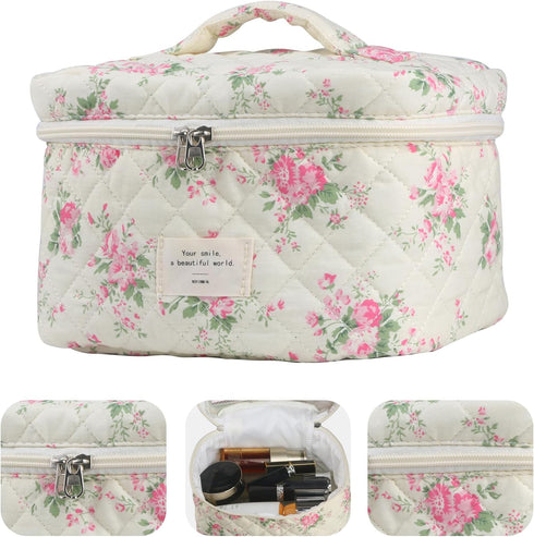 Cute Makeup Bag for Women(3 Pcs), Quilted Floral Coquette Aesthetic Make up Bags, Travel Cosmetic Bags Toiletry Organizer Bag(Pink Flower)...