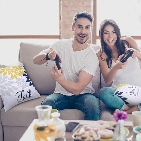 Tatuo 4 Pcs Flower Pillow Covers Square Fall Pillow Cushion Cases 18x18 Inch, Family Faith Hope Love Words Decorative Spring Summer Cushion Case f...