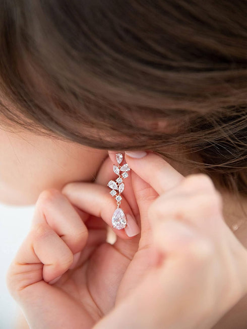 SWEEETV Bridal Wedding Earrings for Brides Bridesmaides-Marquise Teardrop Earrings for Women, Cubic Zirconia Drop and Dangle Earrings for Prom or ...