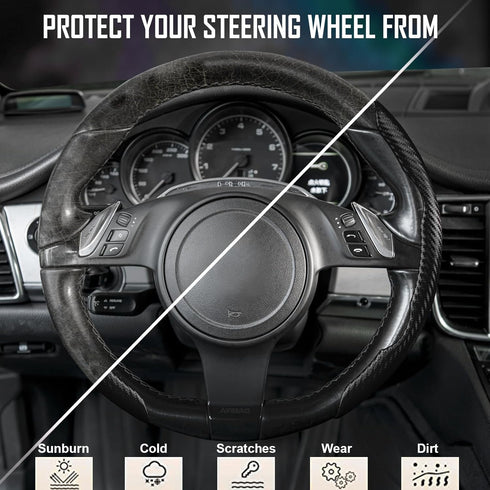 CAR PASS® Carbon Fiber Steering Wheel Cover, Segmented Wheel Protector Non-Slip Sporty Car Accessories, Universal Fit for D-Shape O-Shape 14.5" to...