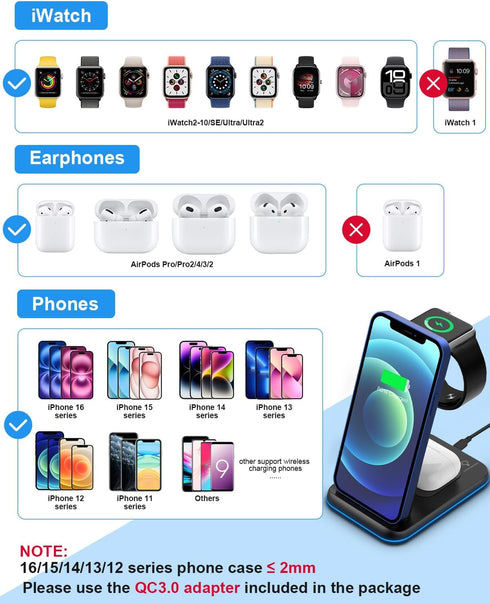 Foldable Wireless Charger for Multiple Devices 3 in 1 Wireless Charging Station for Travel, Compatible with iPhone 16 15 14 13 12 11/Pro/XR, Charg...