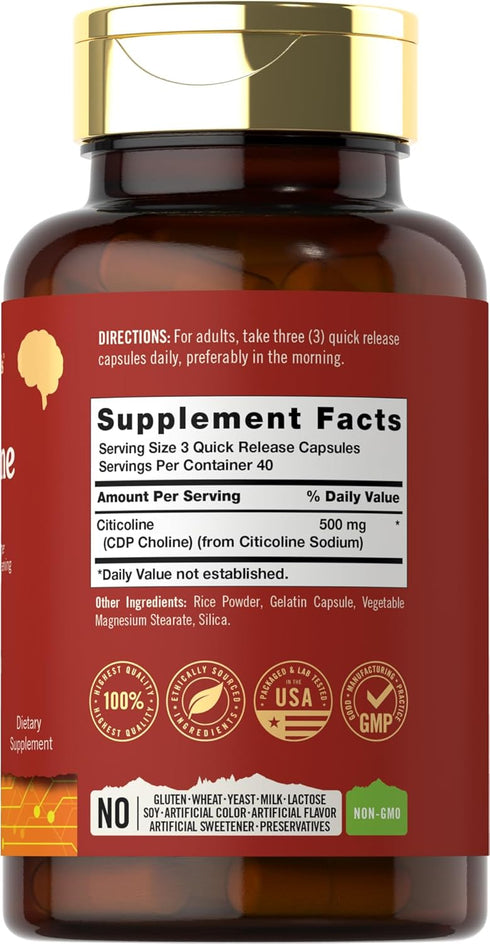 Citicoline 500mg | 120 Capsules | CDP Choline Supplements | Therapeutic Grade | Gluten Free, Non-GMO...