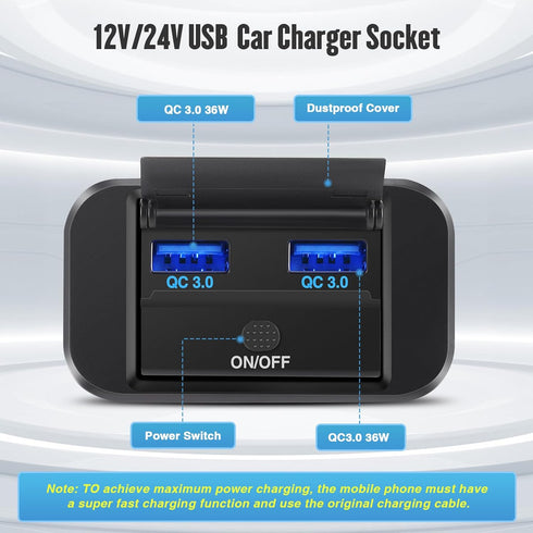 12V RV USB Outlet with Power Switch 36W Dual QC3.0 USB Quick Charge Socket 12V 24V Car Charger RV Switch Panel Car Charger with Waterproof Cover f...