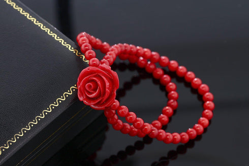 Gem Stone King 7 Inch Red Simulated Coral Bead Rose Flower Stretch Bracelet for Women 5mm...