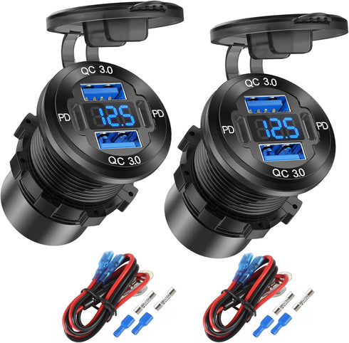 2 Pack 4 Port 12V USB Outlet Aluminum Charger, 78W Dual PD & QC Multiple USB Port for Car, USB C Cigarette Lighter Replacement 12 Volt Socket with...