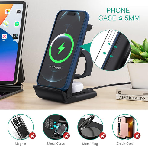 ORIA Wireless Charger, 3 in 1 Foldable Wireless Charging Stand, 15W Fast Wireless Charger, Compatible for iOS Phone 11/12/13/14/Pro/Max/i Watch/Ea...