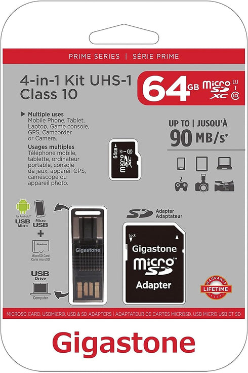 Gigastone GS-4IN1600X64GB-R Prime Series microSD Card 4-in-1 Kit (64GB)...