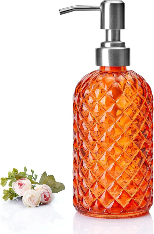12 oz Diamond Stripe Glass Soap Dispenser, 304 Rust Proof Glass Soap Dispenser, Orange Glass Bottle Soap Dispenser with Pump; Restroom Soap Dispen...