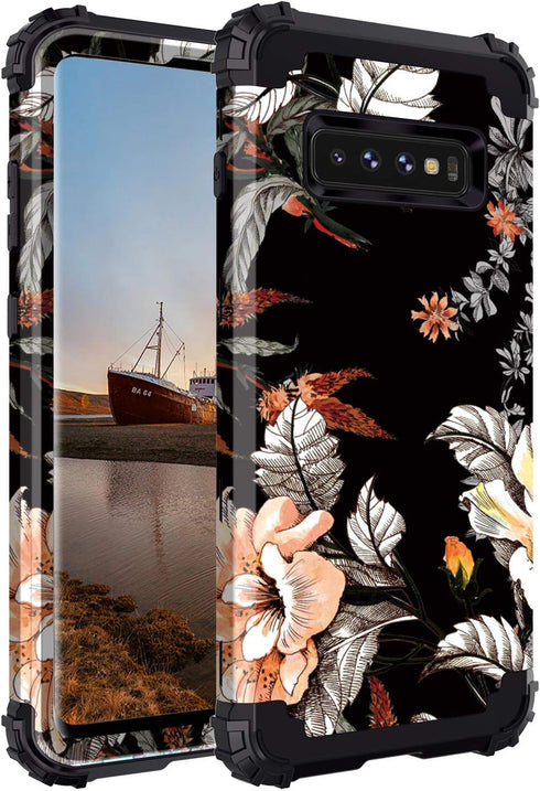 Casetego Compatible with Galaxy S10 Case,Floral Three Layer Heavy Duty Hybrid Sturdy Shockproof Full Body Protective Cover Case for Samsung Galaxy...