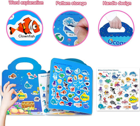 Reusable Sticker Book for Kids, Ocean Stickers Educational Learning Toys Travel Stickers Activity Books for Toddler Girls Boys Age 3+ Birthday Gif...
