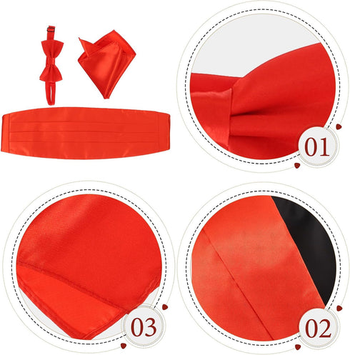 Kisangel 3pcs Cummerbund and Bow Tie Set Bow Tie Hanky Set Cummerbund, Bow Tie, Handkerchief for Party Wedding (Red)...