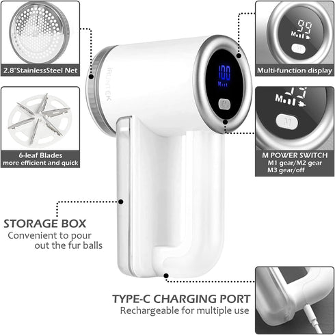 iRUNTEK Rechargeable Fabric Shaver, Electric Commercial Lint Remover with LED Display & Big Trash Box, 3-Speeds for Removing Fuzz and Pill from Cl...