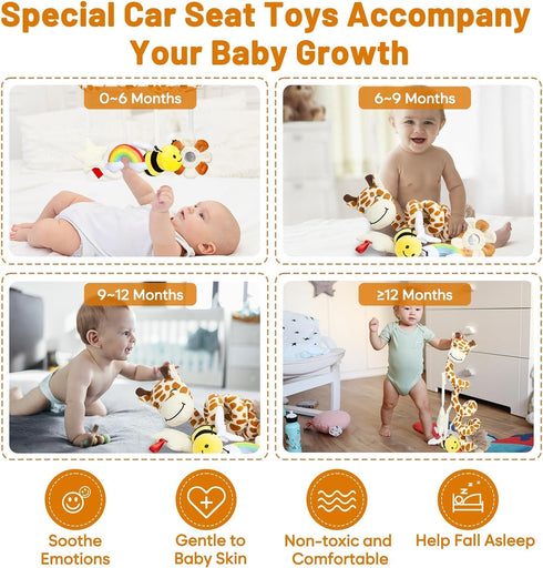 Stuffed Giraffe Spiral Car Seat Toys, 0-6 months Stroller Activity Baby Infant Carseat Toys Hanging Including Bee Rattles| Flower Mirror| Rainbow ...