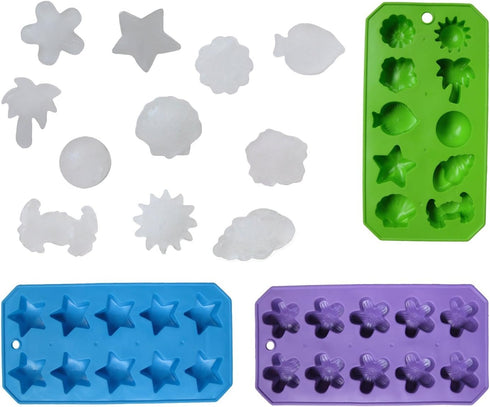 Chef Craft Set of 3 Flexible Shaped Ice Cube Trays. Sun, Star, Flower, Tree and Sealife. Fun Party Combo, Silver...